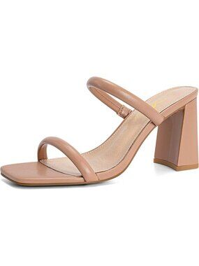 Women's Nude Square Open Toe Sandals Two Strap Mules Slip On Block Chunky Heel